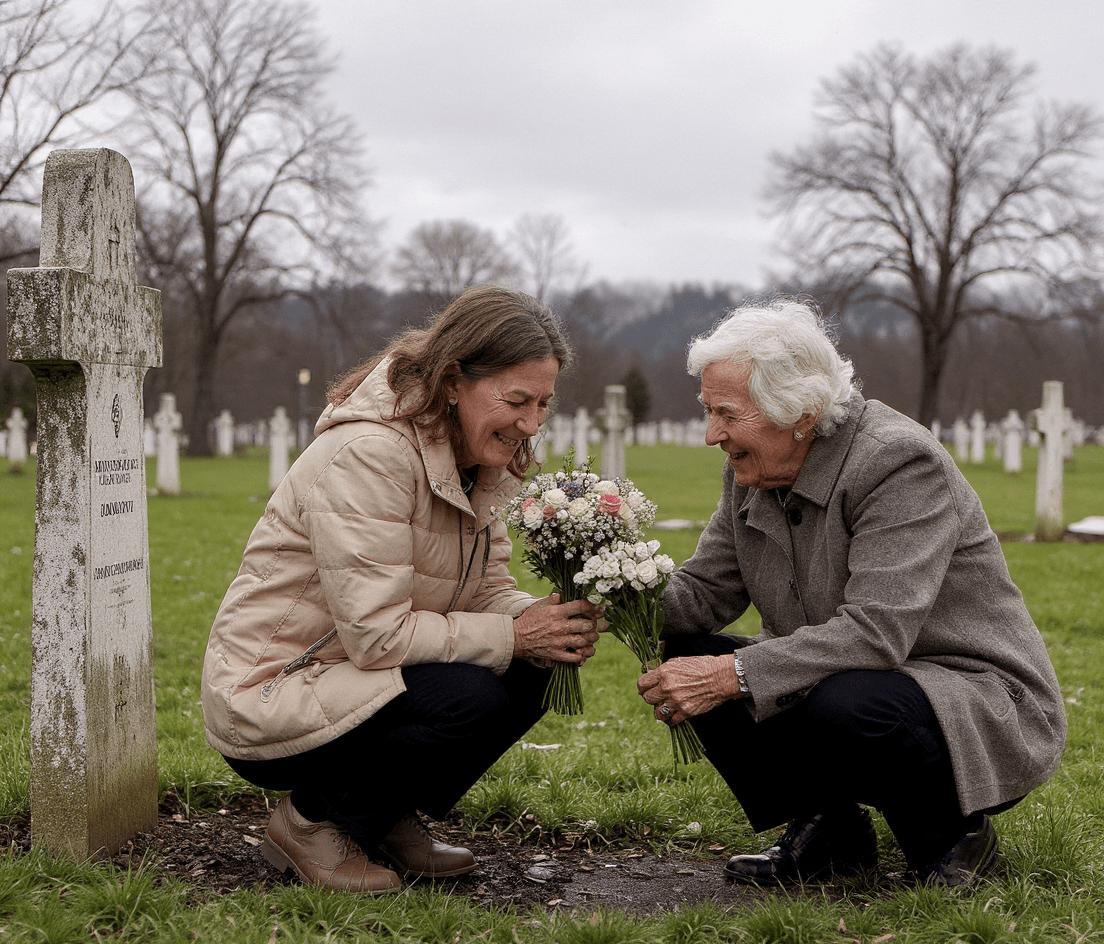 AI generated: Elderly woman and her granddaughter are in a cemetery, kneeling at a gravesite. Granddaughter is rea...