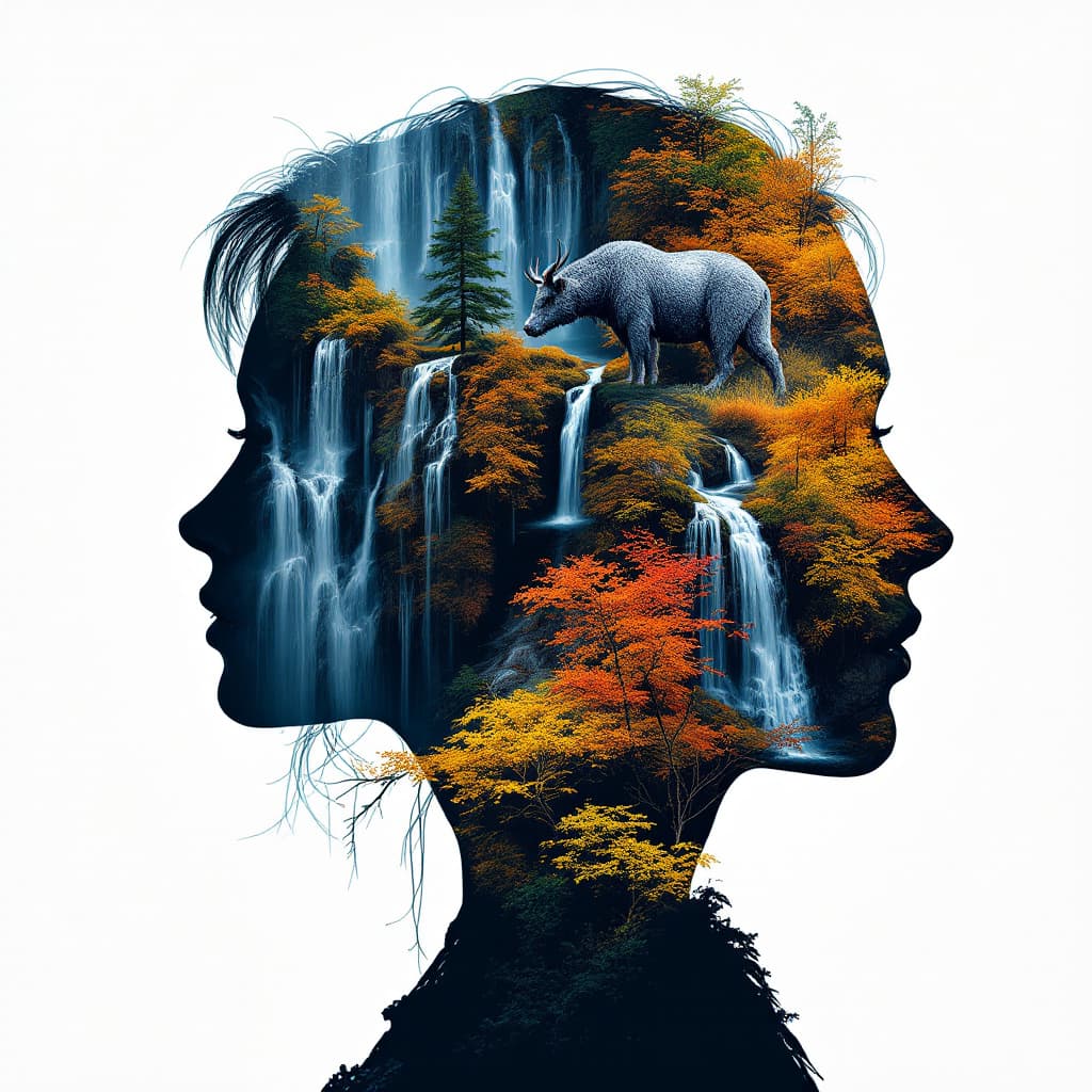 AI generated: [Abstract style waterfalls, wildlife] inside the silhouette of a [woman]âs head that is a double e...