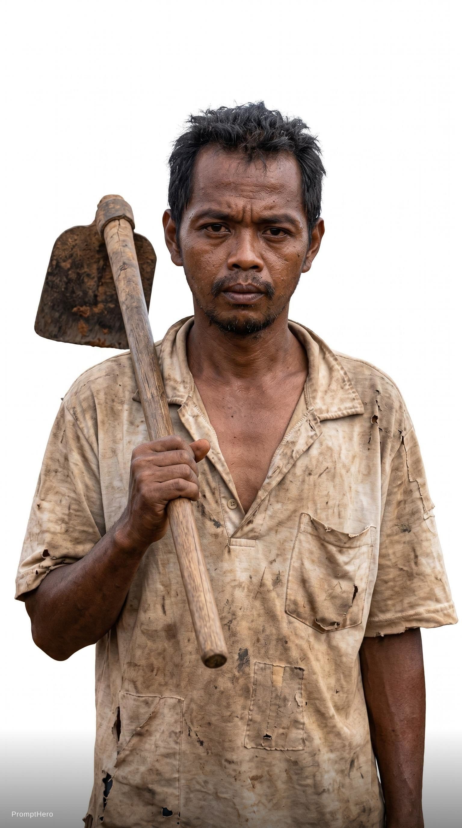 AI generated: a peasant man Madagascar origin worn out, cutout white background.