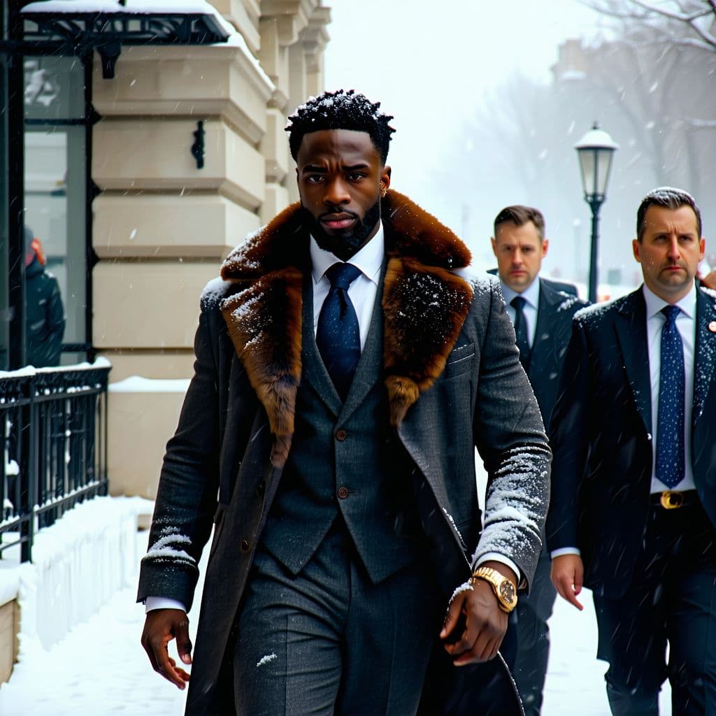 AI generated: A rich strong man, dressed in an expensive suit with fur, walking down the street in winter, accompa...