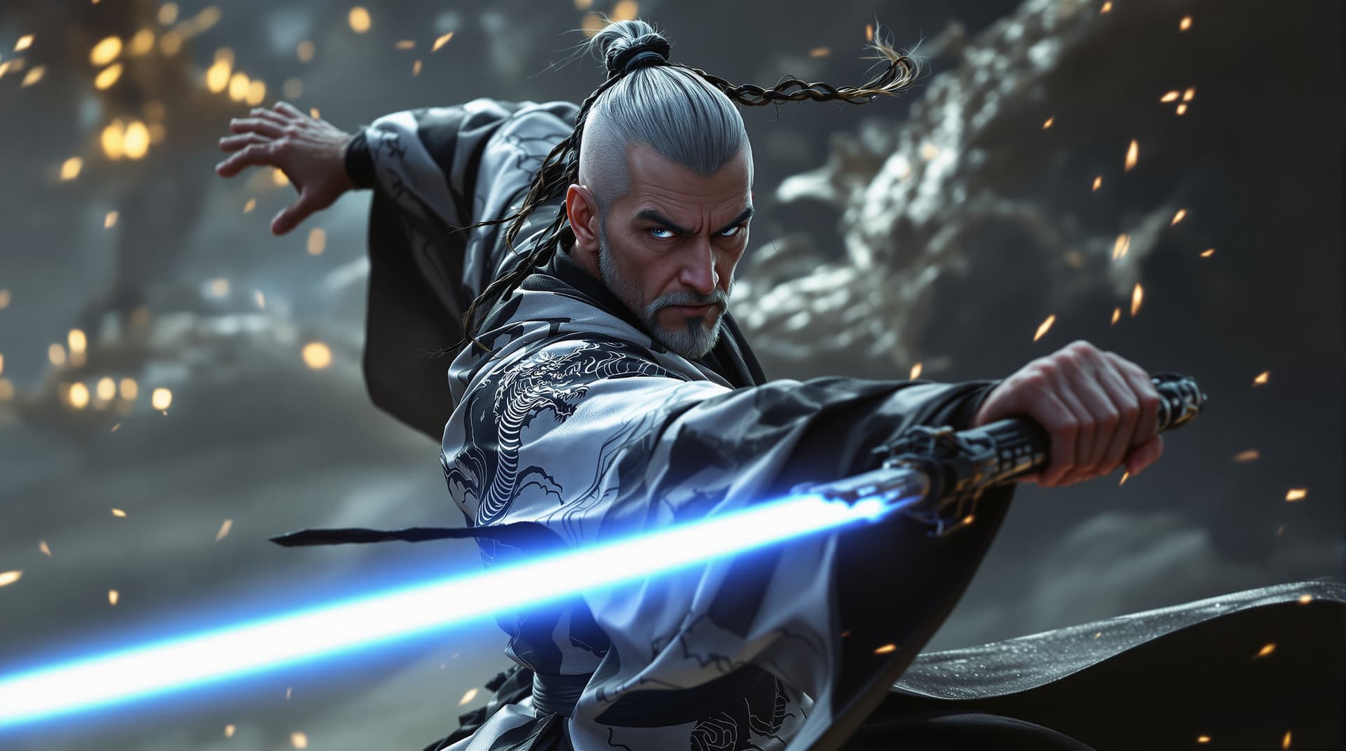 AI generated:   image is a spectacular high-resolution   Star Wars perfect cinematic portrait with a Japanese feud...