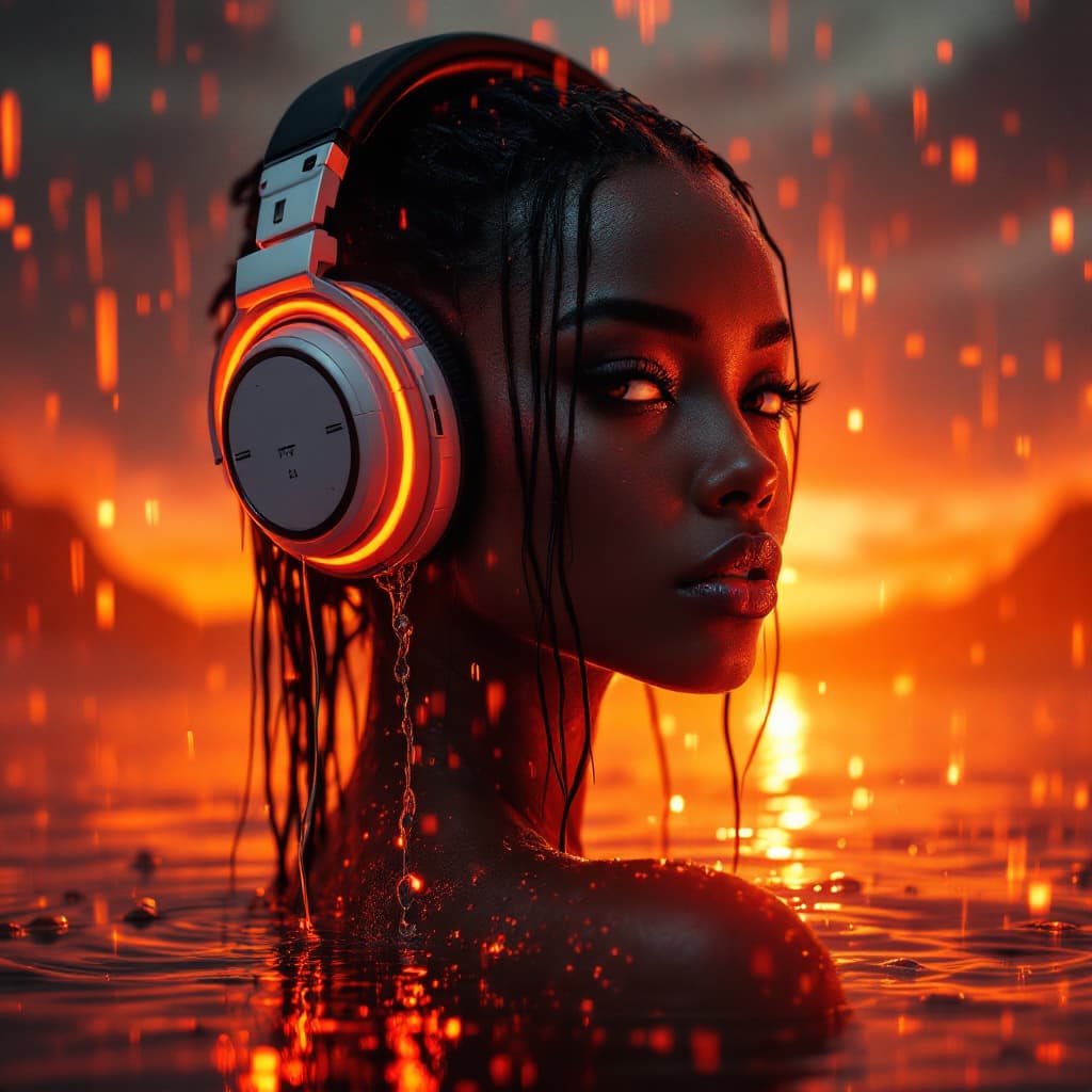 AI generated: Girl wearing headphones image left side cyborg style, cyberpunk landscape with orange and black colo...