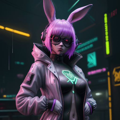 AI generated: digital artwork of anthromorphic BUNNY GIRL  female, fursona, furry fandom, neon rainy cyberpunk set...