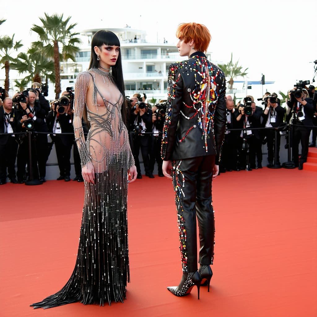 AI generated: Une scène du tapis rouge du festival de Cannes. Au premier plan, une femme gothique portant une robe...