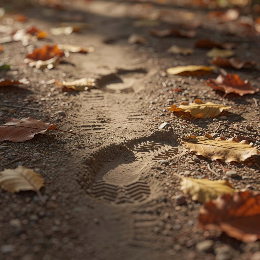 AI generated: Footsteps on a lightly textured path with scattered leaves