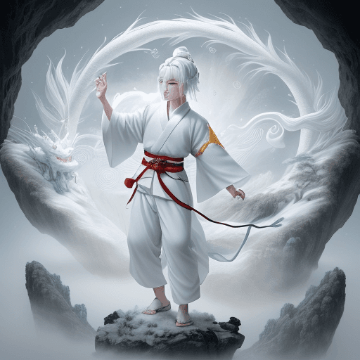 AI generated: a Chinese boy with white hair living in a cave, a celestial being, wears white Daofu, has a headband...