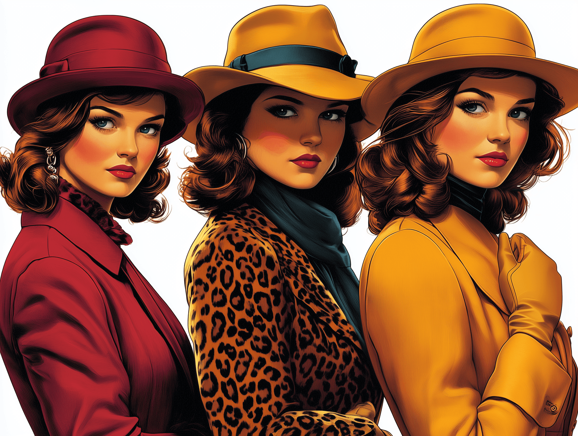 AI generated: Three vintage women in elegant fashion, clipart on white background, by"vintage artist", long coats ...