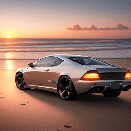 AI generated: Photo of a super realistic car, modern, elegant, on the beach, sunset and super detailed 