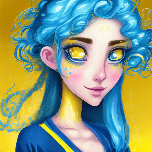 AI generated: beautiful confident girl, with blue hair and yellowish face, curly, big eyes and long eyelashes, the...