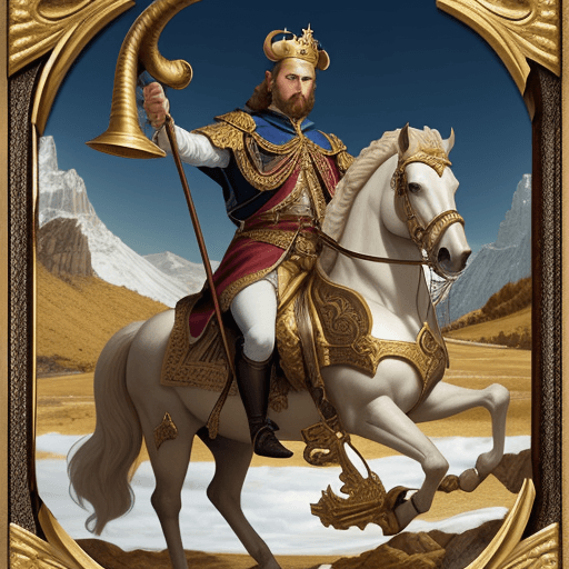 AI generated: King Charles V holding big horn on a horse back, visual background look like a collectible card, car...