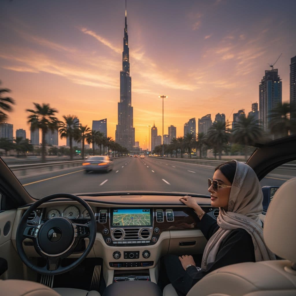 AI generated: 		1. Luxus und Mobilität – Frau in einem Luxusauto:
Eine arabische Frau in einem luxuriösen Auto (z...