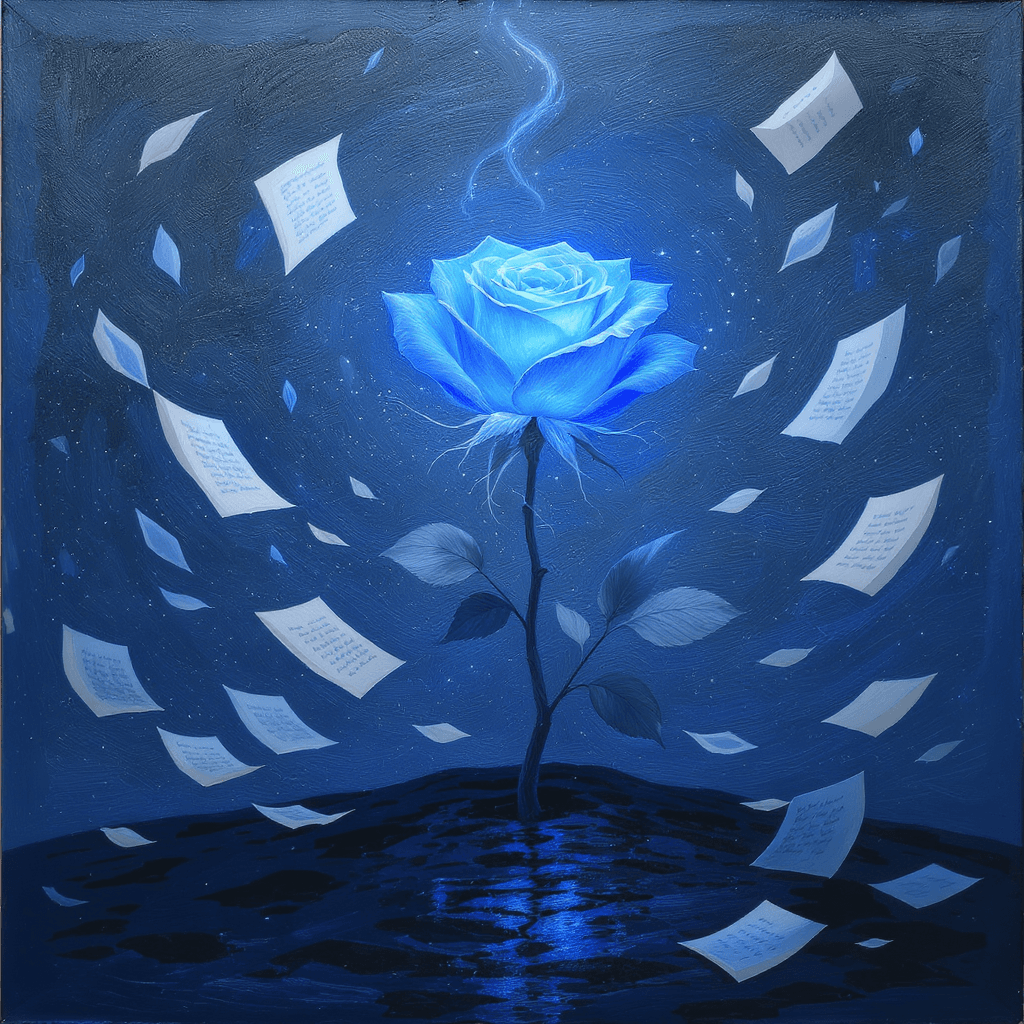 AI generated: A luminous blue rose blooming from obsidian ground, surrounded by fluttering pages and wind-blown pe...