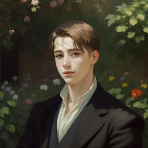 AI generated: Portrait of young man, coy, 2/3, natural light, shadow on face, garden background, paint texture, oi...
