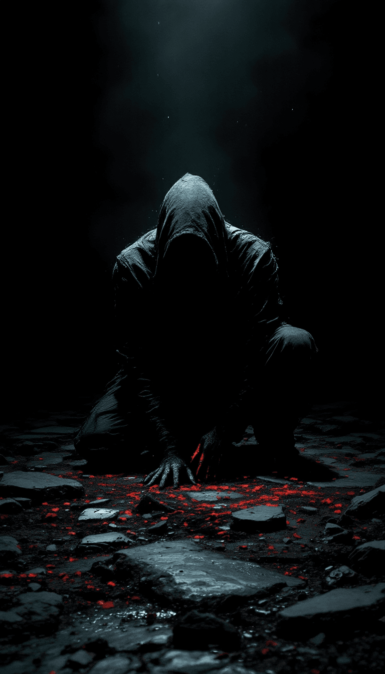 AI generated: alone in the darkness, broken, kneeling and looking down, full body, no face, (psychopathic:0.8) , b...