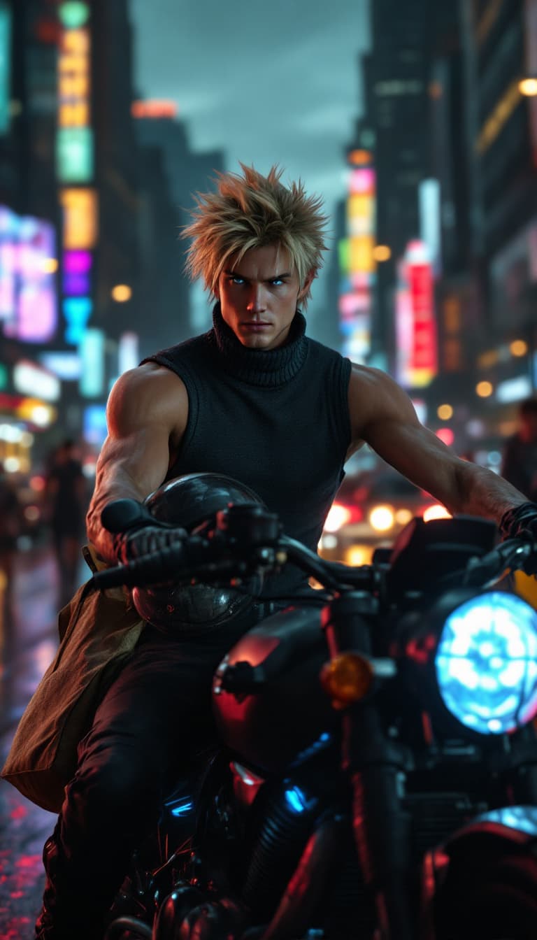 AI generated: A photorealistic, documentary-style candid shot of a rugged young man with spiky blonde hair and pie...