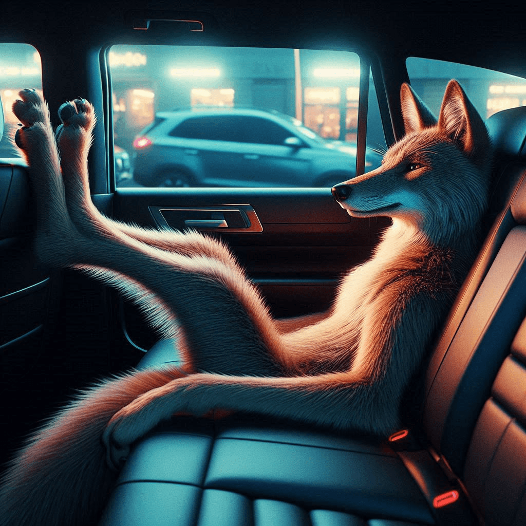 AI generated: Cinematic professional 3D animation of a long-furred coyote sprawled in the back seat of a car, his ...