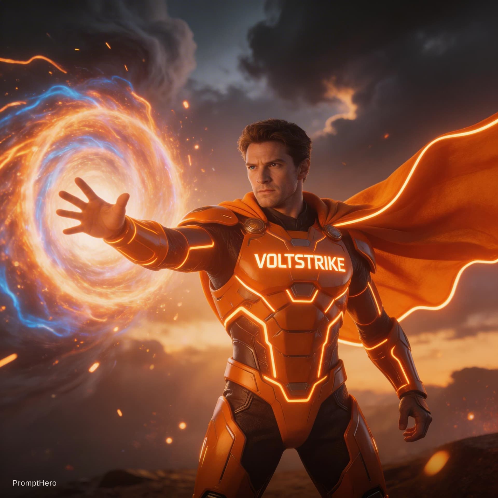 AI generated: "Orange hero VoltStrike opens a glowing portal, energy swirling, cinematic camera pan, epic fantasy ...