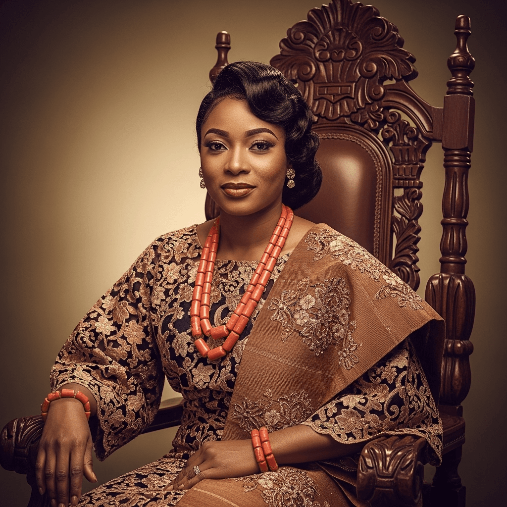 AI generated: A glamorous 1950s Nigerian woman, seated in a high-backed wooden chair, wearing a richly embroidered...