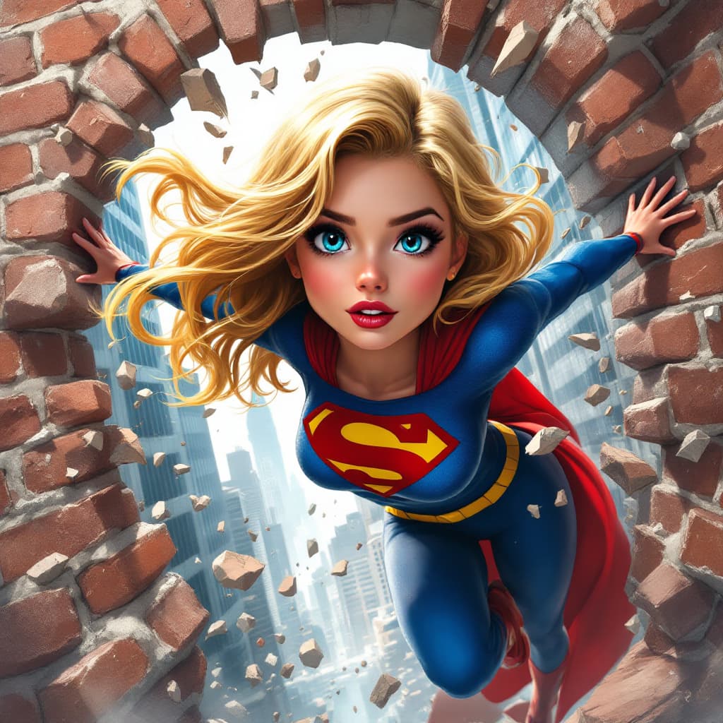 AI generated: A gorgeous blonde-haired girl with a perfect face and flawless beauty, dressed up as Supergirl Smash...