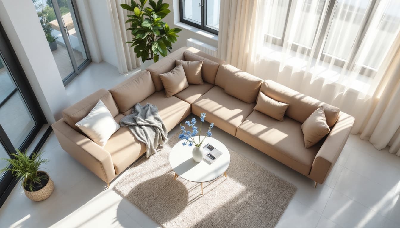 AI generated: photography, aerial shot, apartment living room, color limited to beige, minimalist beige fabric sof...