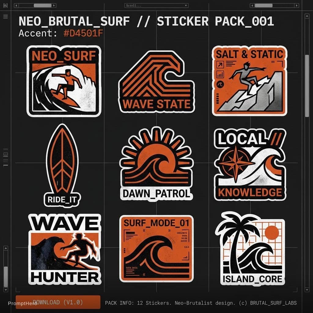 AI generated: Neo brutalist surf-themed sticker pack for in a neo-brutalist website. accent color: #D4501F