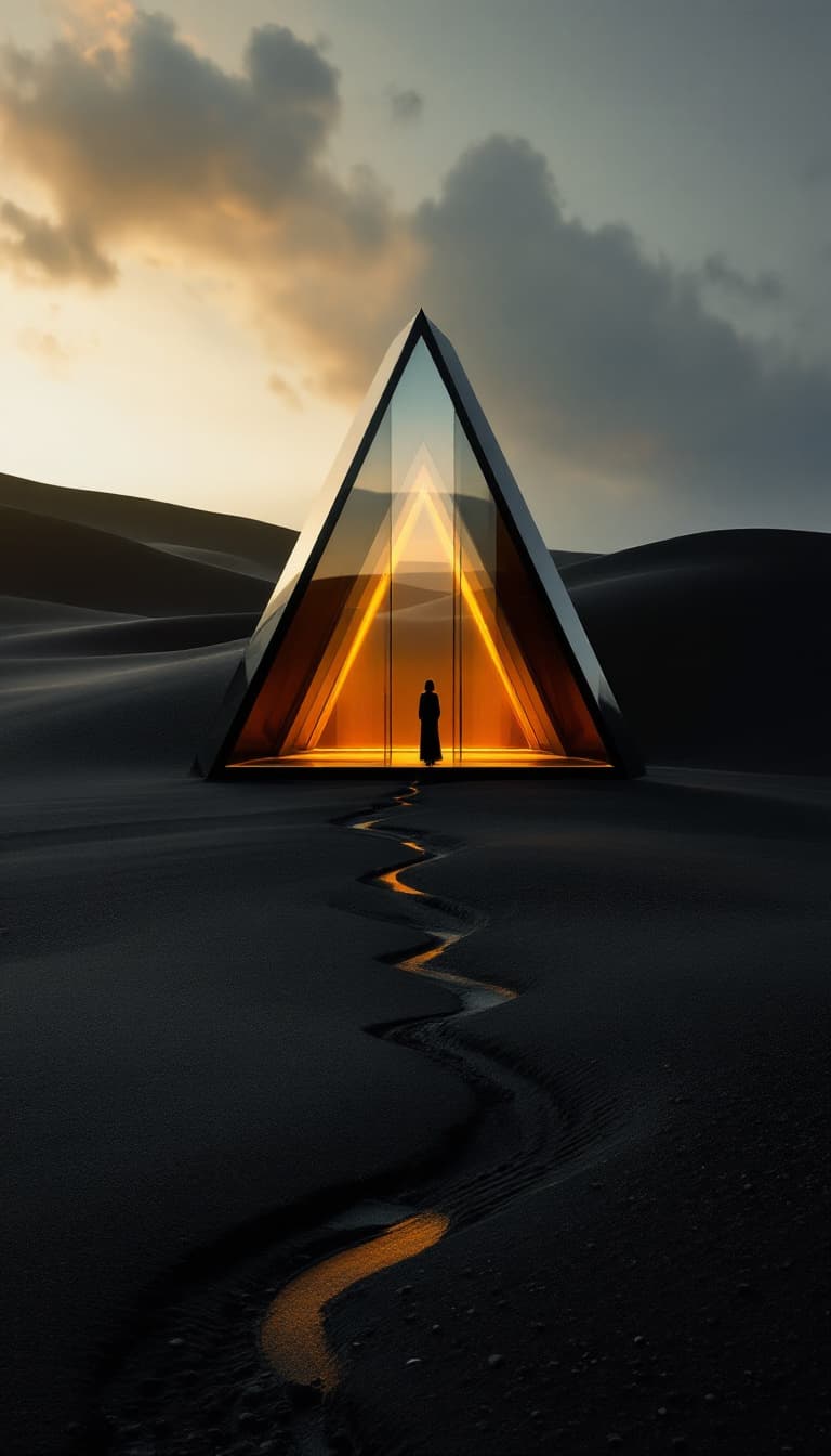AI generated: Photography, symmetrical asymmetry, a small shelter, one people, elegant aluminium enveloppe, black ...