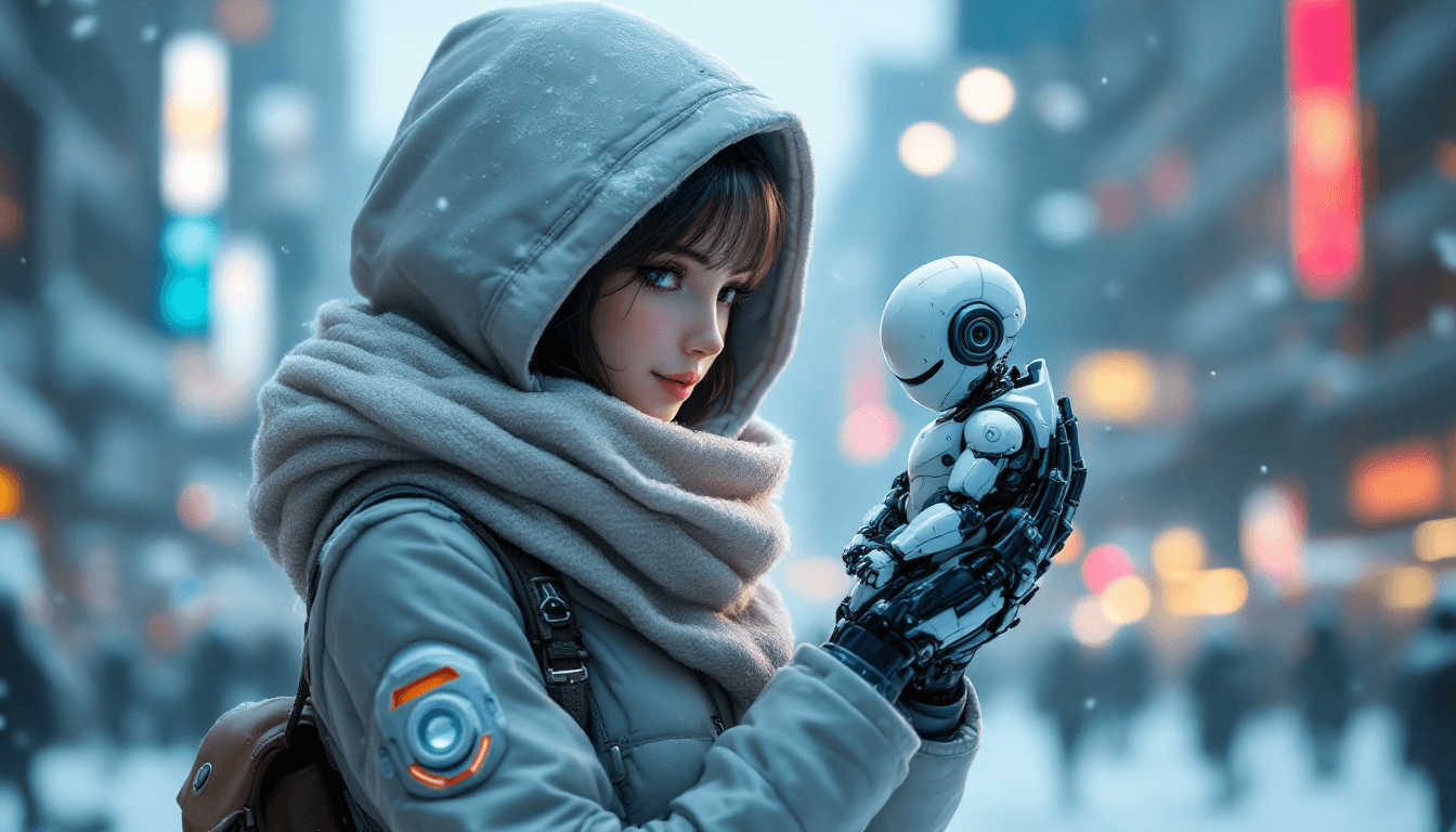 AI generated: female robot hooded, scarf, jacket, holding cute robot in arms,  background snowy city, style biomec...