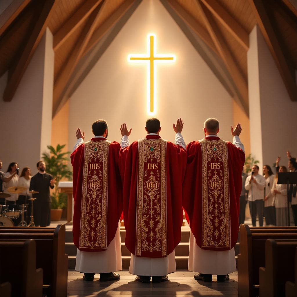 AI generated: A liturgical scene inside a modern Catholic church. Three Catholic priests stand with their backs to...