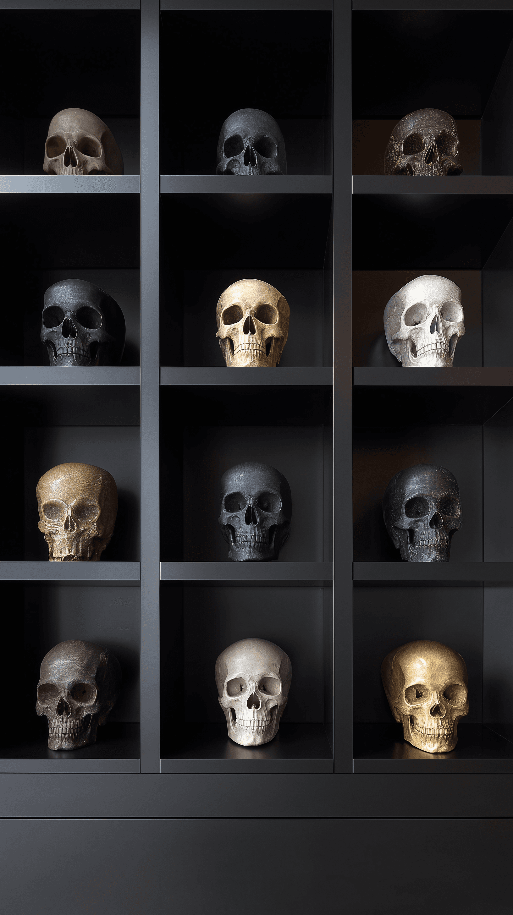 AI generated: photography, 12 iconic skull head displayed in a 3x4 grid of matt black cubby holes, randomly, furni...