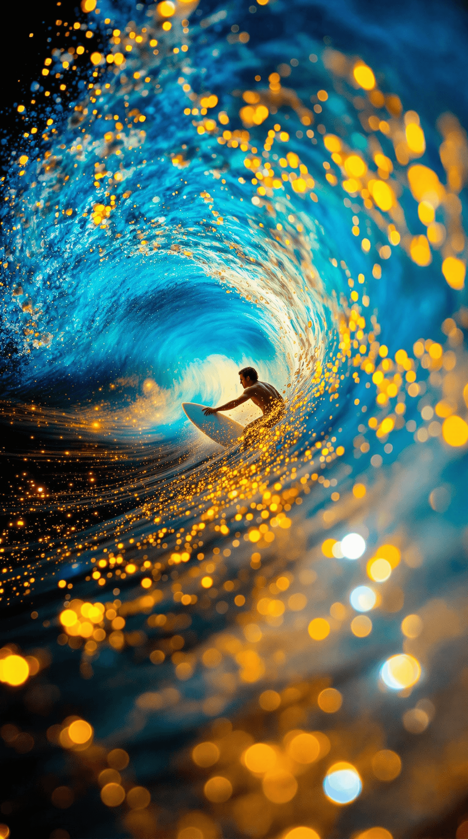 AI generated: A beach at night extreme close up of a surfer catching a wave, a wave made of scintillatingly bright...