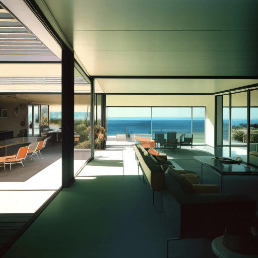 AI generated: Hyper realistic eye level exterior photo of a mid century modern style house overlooking the ocean, ...
