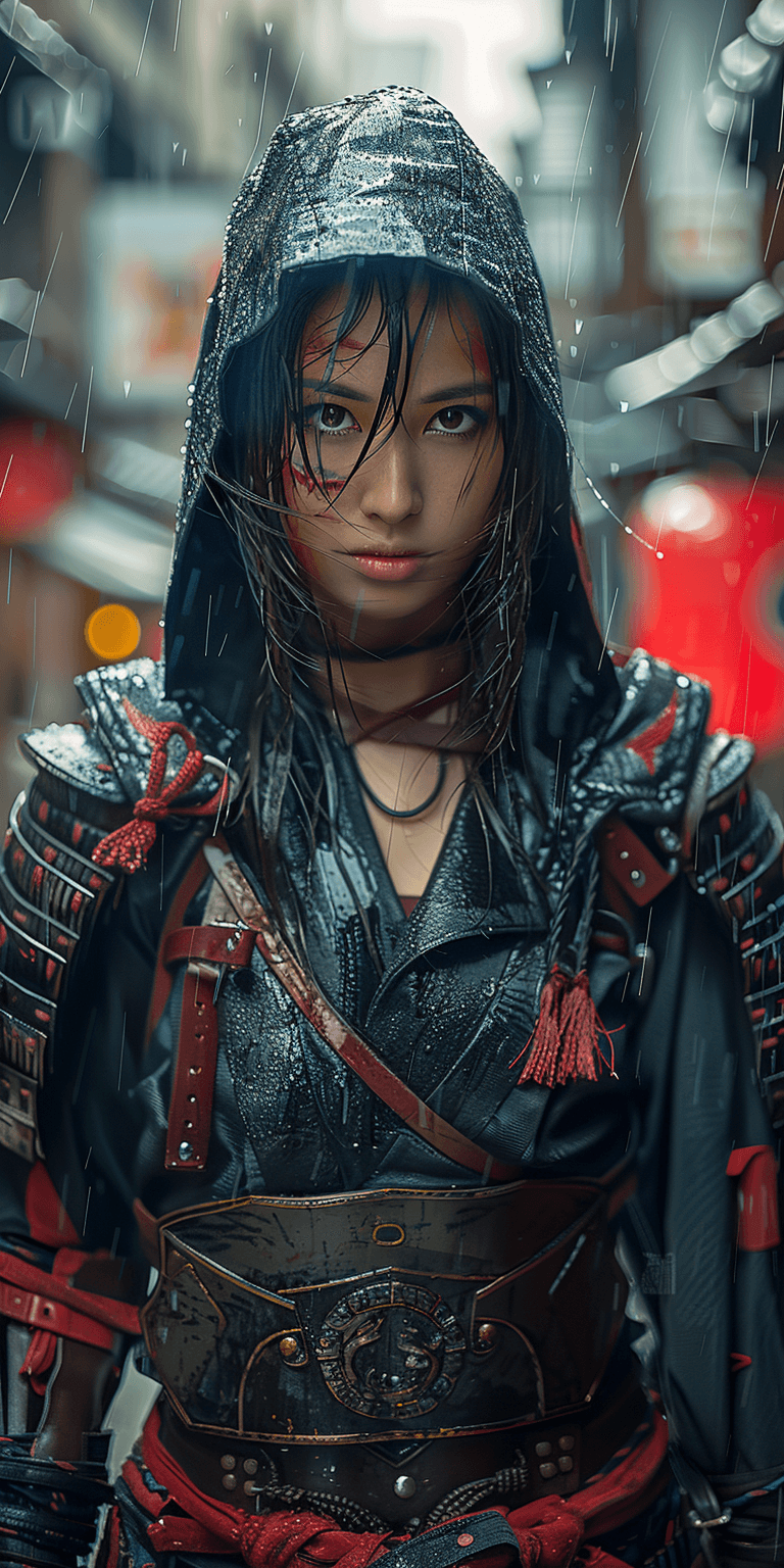 AI generated: aesthetic, photorealistic, full body Japanese girl walking in the rain, at night, in old Kyoto as ba...