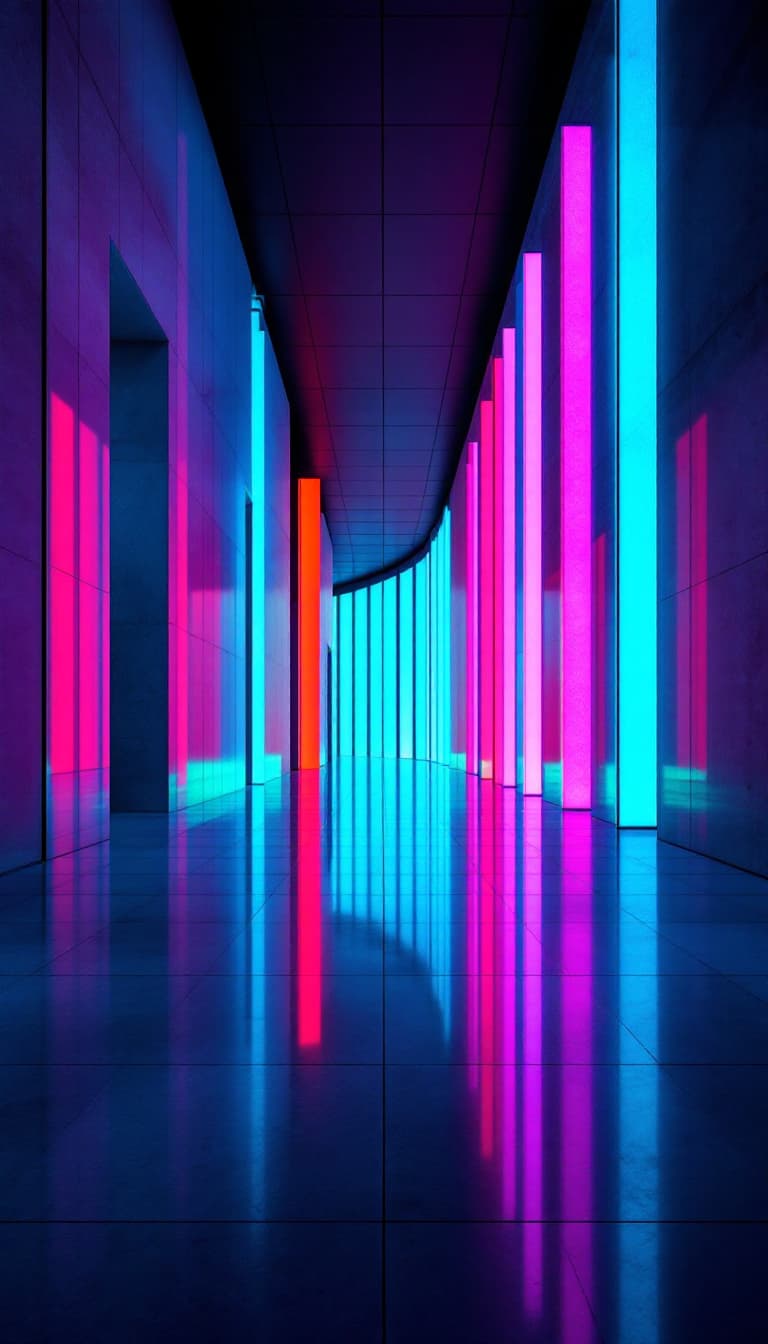 AI generated: architectural photography, perspective, interior, vertical light panels transition from red to acid ...