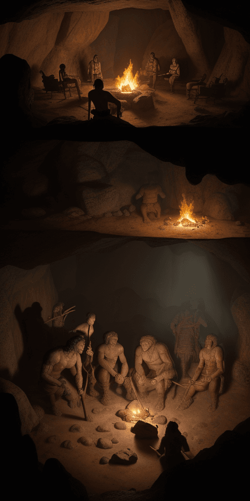 AI generated: Ancient cave painting scene, primitive human figures, hunting mammoths, tribal rituals, handprints o...