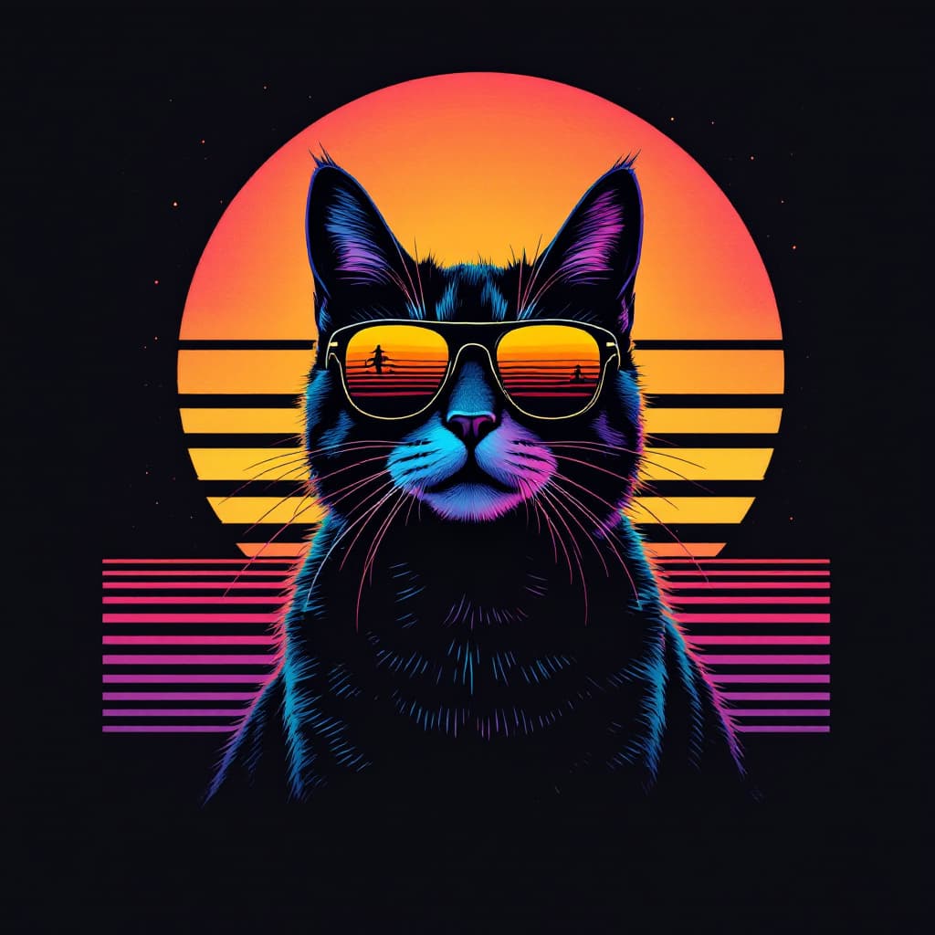 AI generated: 80s retro t-shirt design graphic of a synth wave cat wearing sunglasses in front of a minimalist sun...