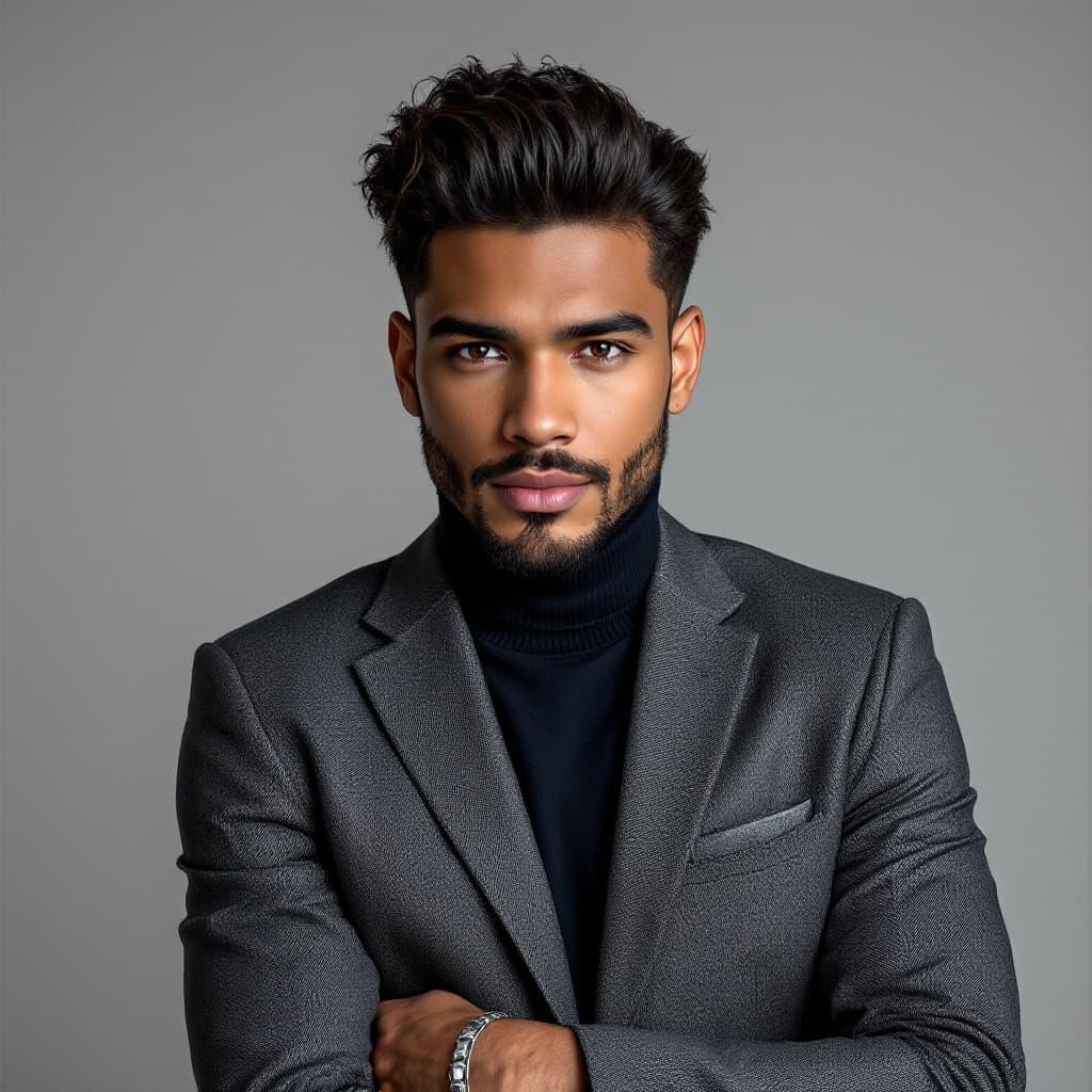 AI generated: Portrait of a 28-year-old biracial American man (Black + white), medium skin tone, slicked-back curl...