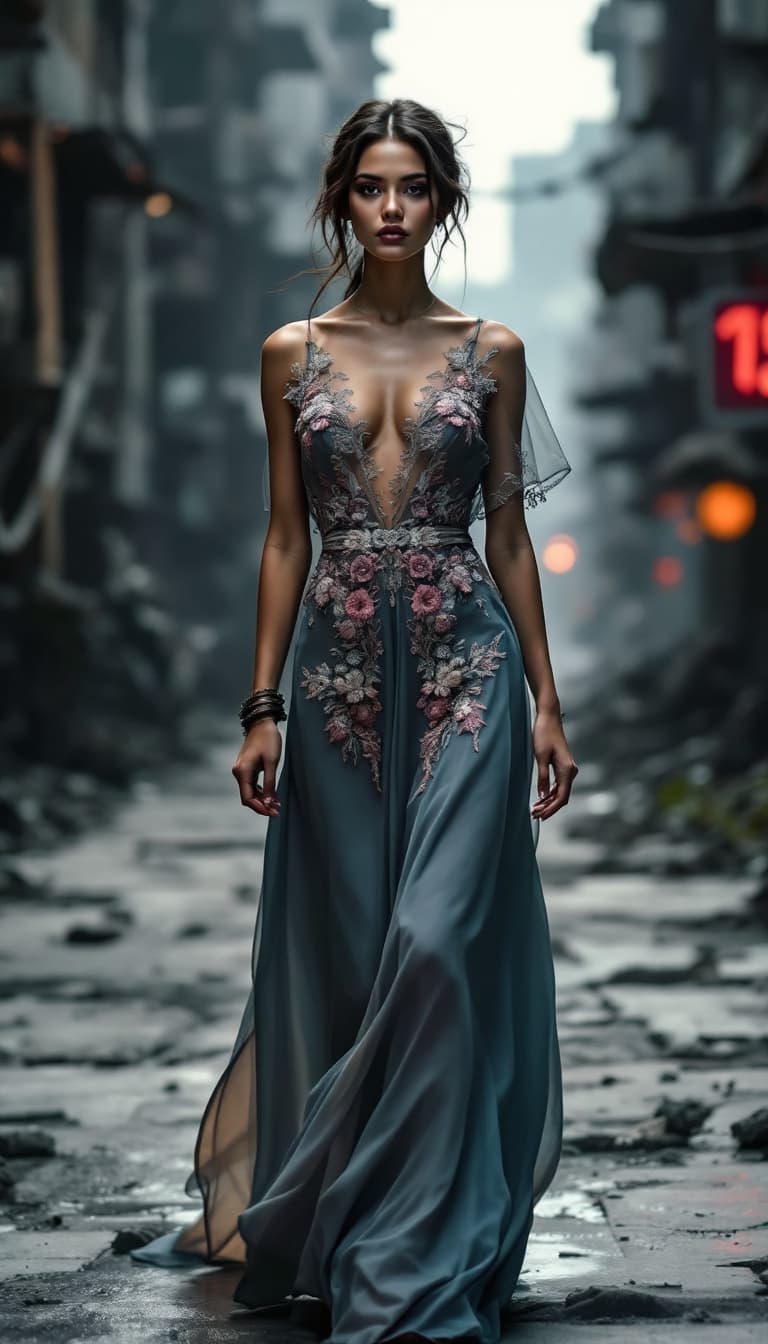 AI generated: A cinematic photo of a brunette fashion model wearing an elegant kebaya adorned with intricate embro...
