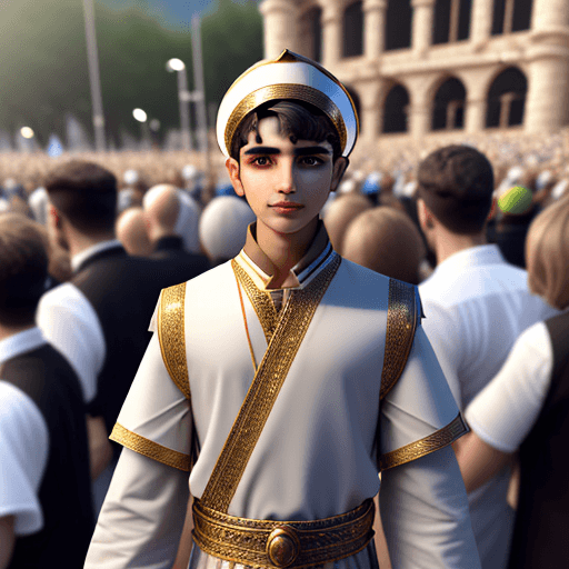 AI generated: Yemini boy, realistic, HD, wearing Yemini outfit, among crowd