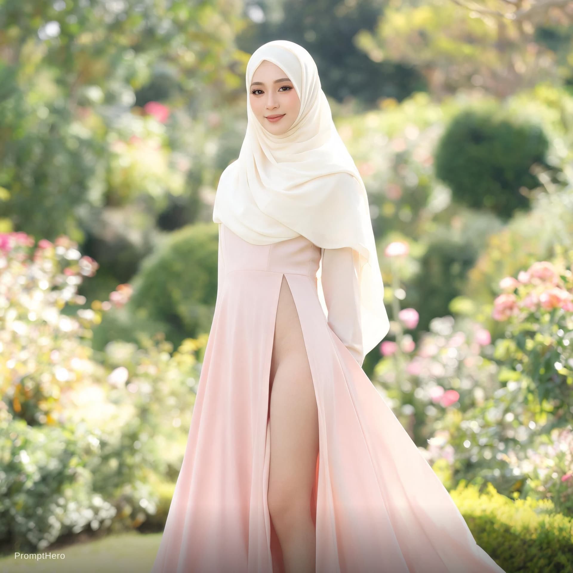 AI generated: Hijab beautiful woman with a long dress with open slit to her waist 