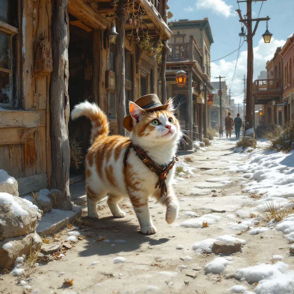 AI generated: poor whit cat hide on city in wild west city 