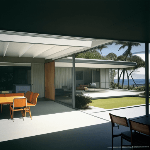 AI generated: Hyper realistic eye level exterior photo of a mid century modern style house overlooking the ocean, ...