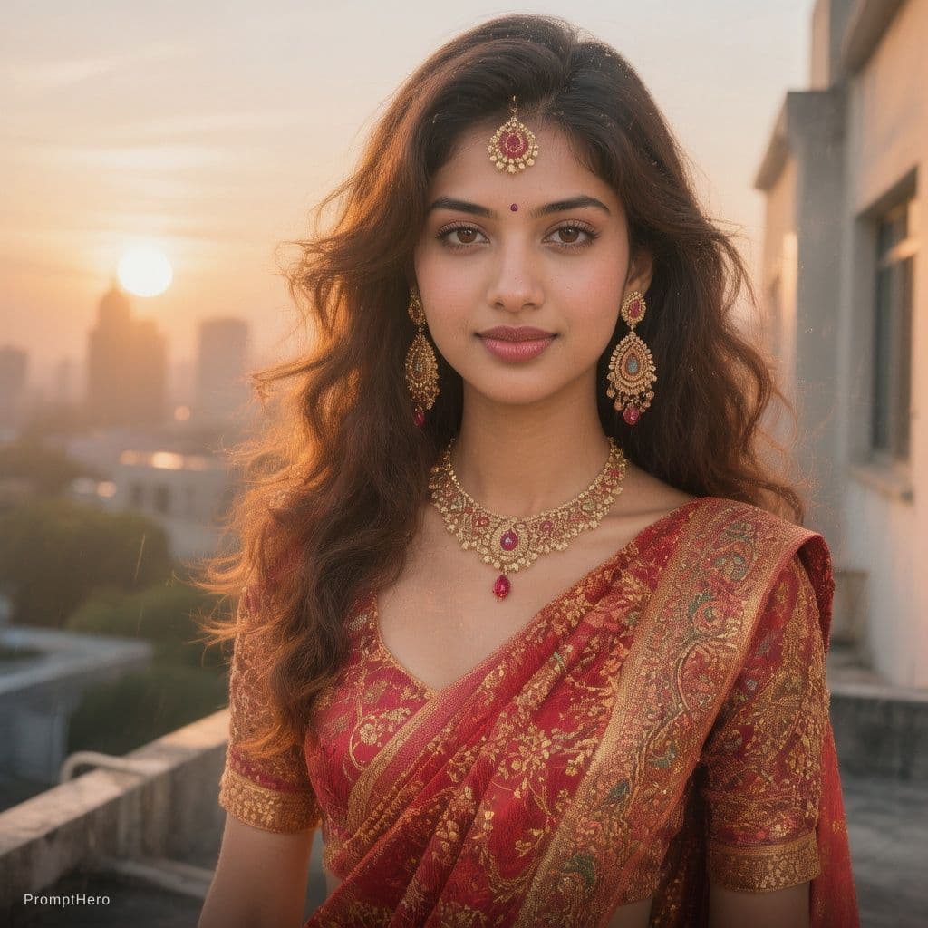 AI generated: 25 years women hot and romantic looking so preticative in saree in roof top create an image