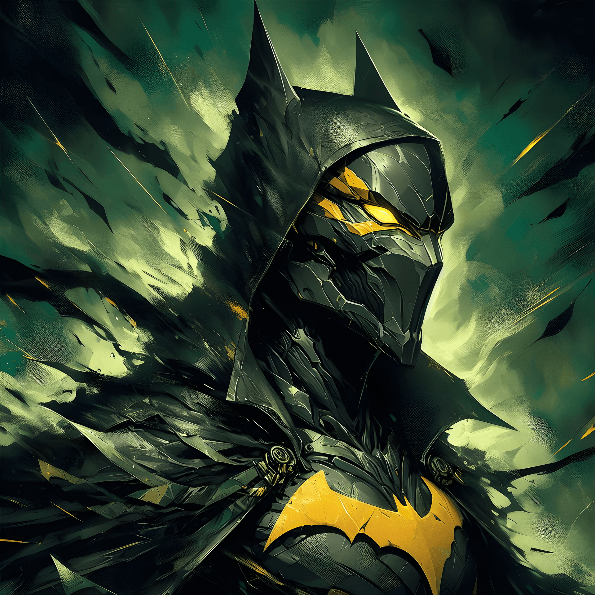 AI generated:  Batman Arkham knight as Azrael, Digital painting, Modern, Predominantly black with highlights in ye...