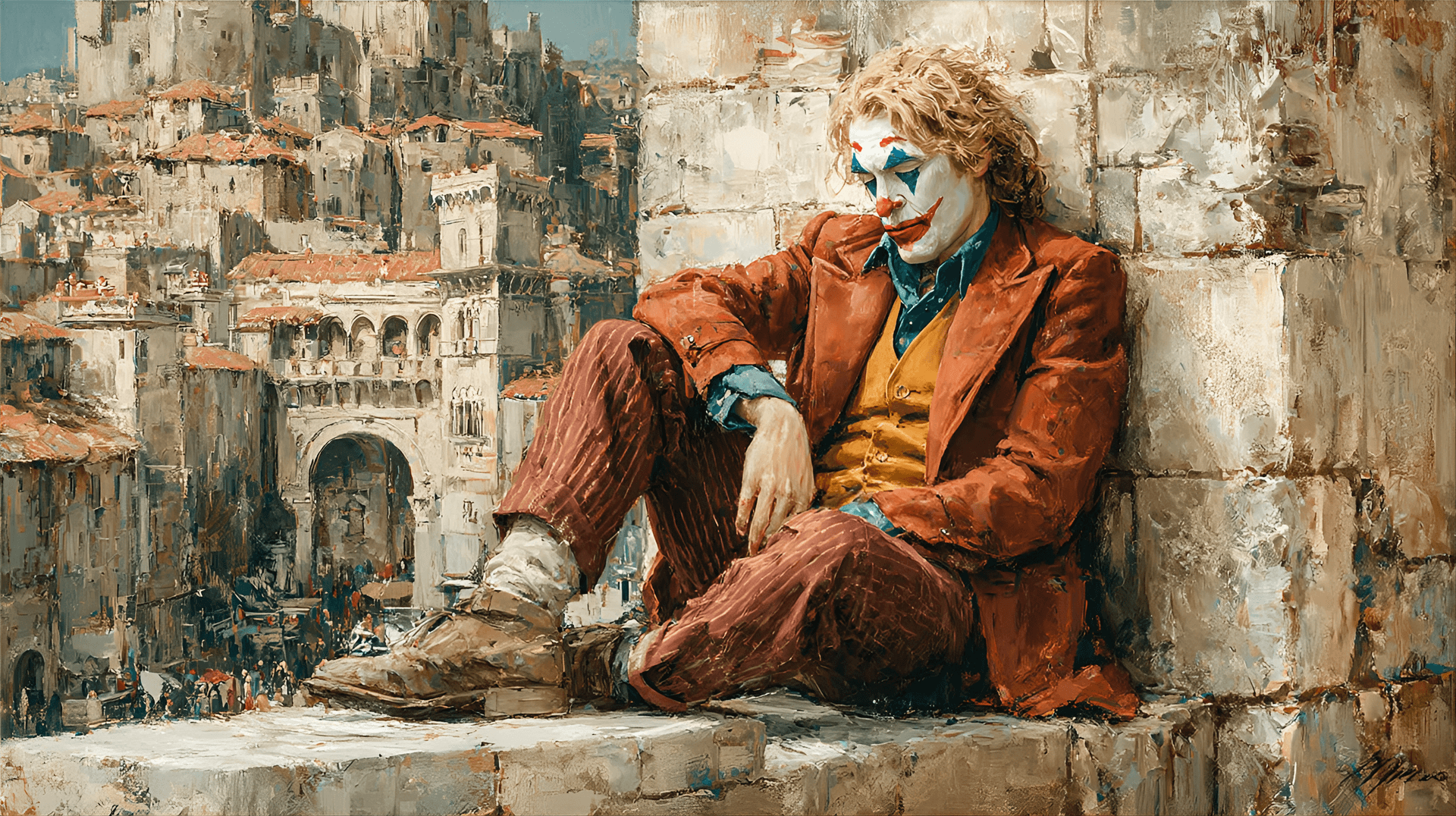 AI generated: young adult male, Caucasian, sits slumped on a stone ledge of an aged, crumbling stone archway. The ...