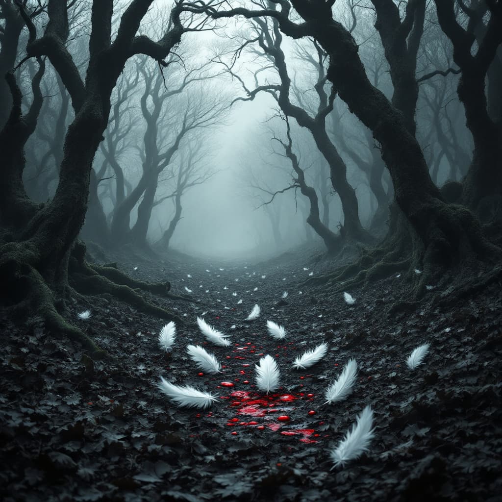 AI generated: Scene: A grayscale forest clearing in ancient Britain, surrounded by twisted, moss-covered trees and...