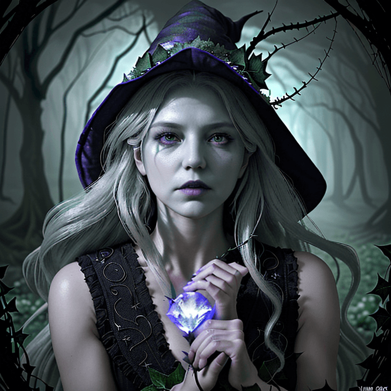 AI generated: Beautiful witch, long flowing hair, flowers, ivy, herbs, eerie, pretty, magic, magical, portrait, Ic...