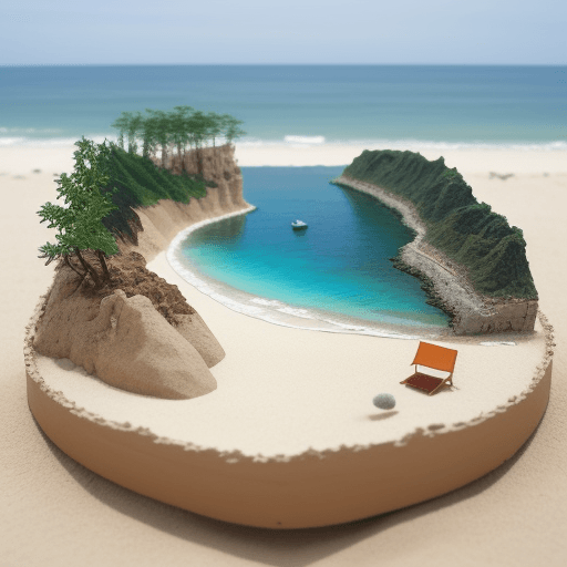 AI generated: Diorama of a wild beach created with different pieces of fabric with no plants or trees

