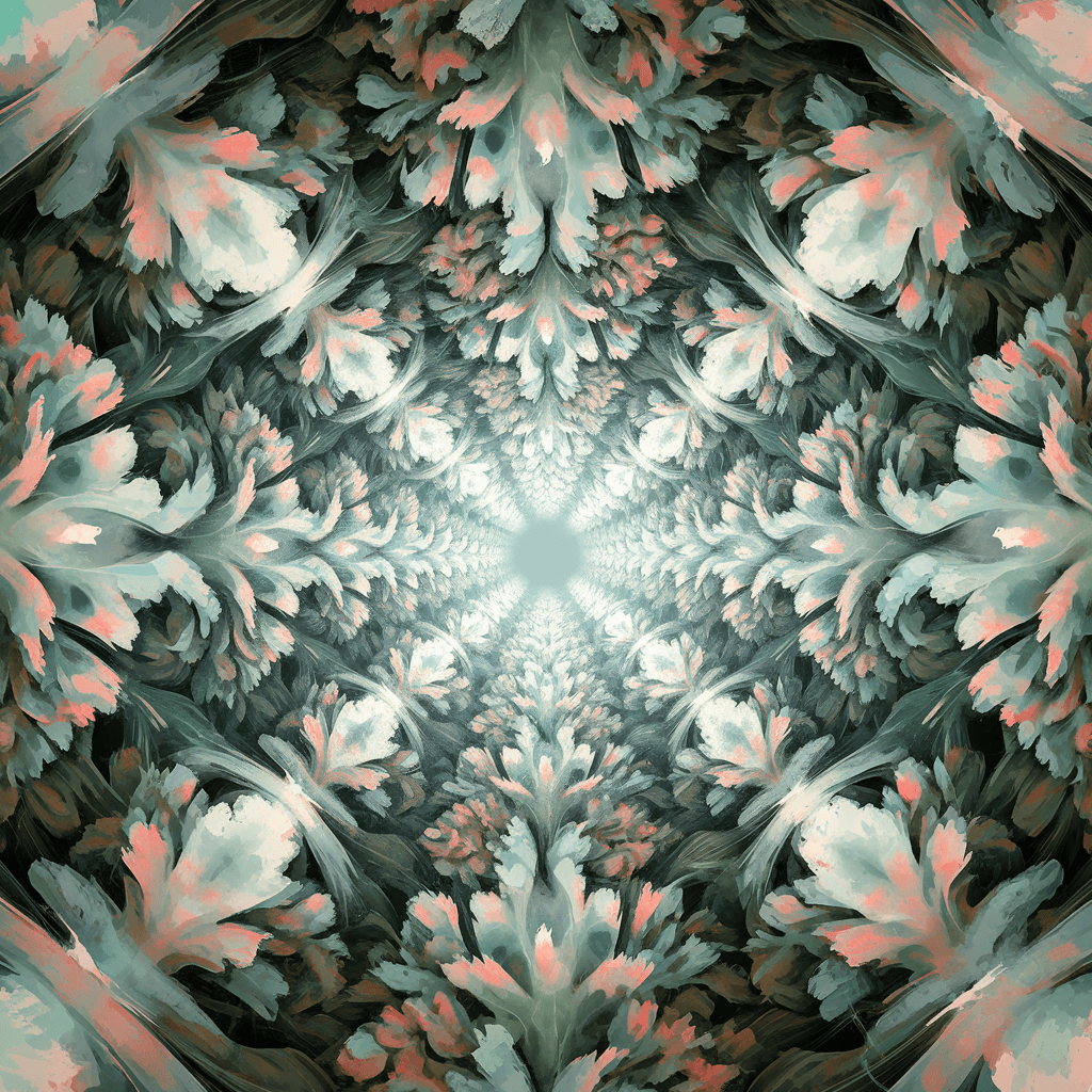 AI generated: water color feel, image of a straight infinite round tunnel of dense greeneries, no details, fractal...