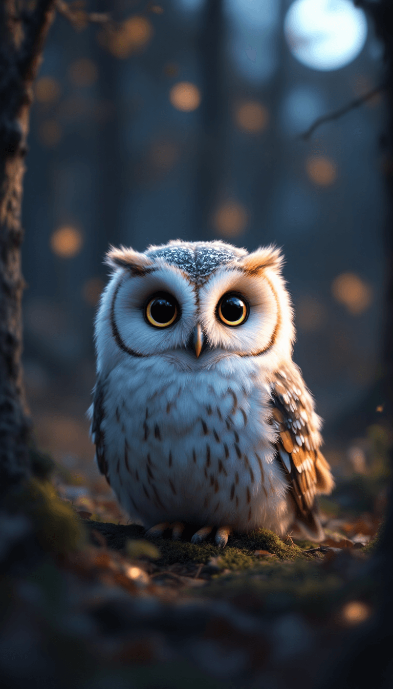 AI generated: A hyper-detailed, ultra-fluffy owl sitting in the trees at night, looking directly at the camera wit...
