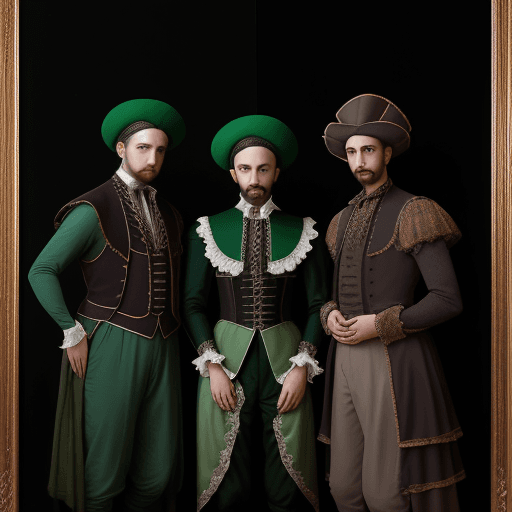 AI generated: three men in renaissance costume stand in a dark background, in the style of contemporary realist po...